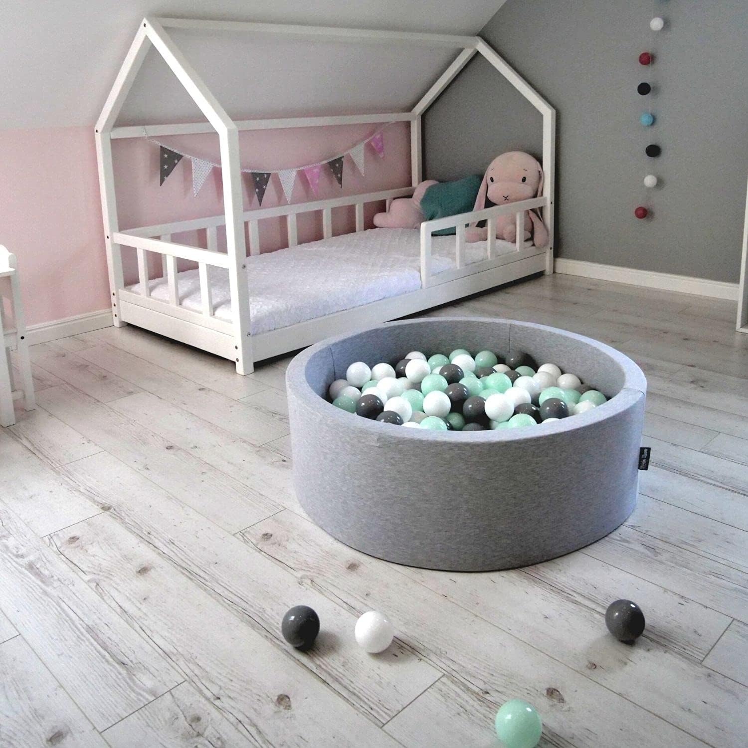 KiddyMoon Schuim Ballenbak Voor Kinderen Met Ballen Ø 7 Cm Gemaakt In EU, Lichtgrijs:Wit-Grijs-Munt,90X30cm/200 Ballen