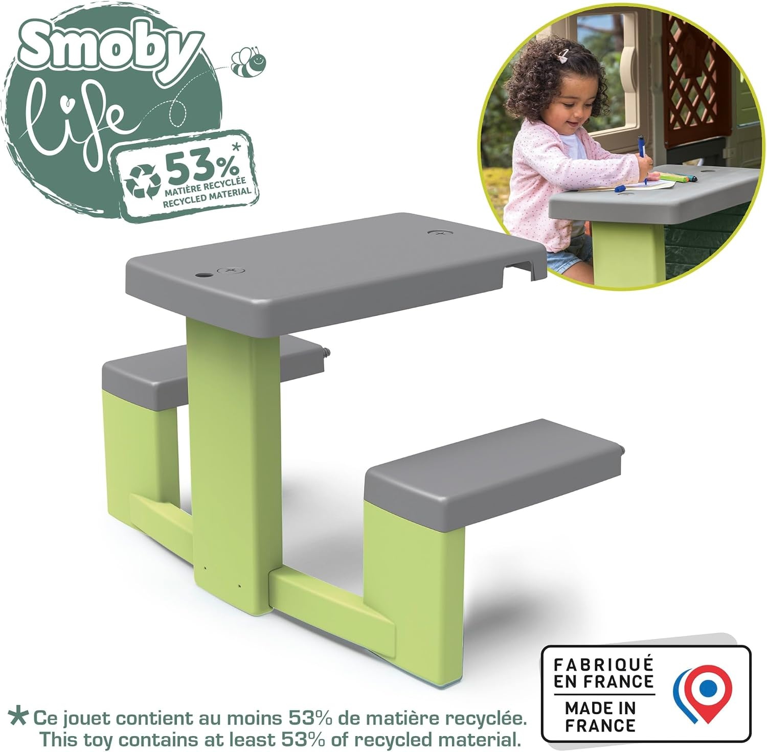 Smoby Life - Picknicktafel - 2 Bankjes - Geschikt voor veel huizen - Gerecycled materiaal - Vanaf 2 jaar - Gemaakt in Frankrijk