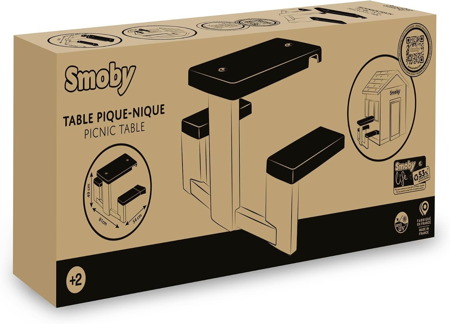 Smoby Life - Picknicktafel - 2 Bankjes - Geschikt voor veel huizen - Gerecycled materiaal - Vanaf 2 jaar - Gemaakt in Frankrijk
