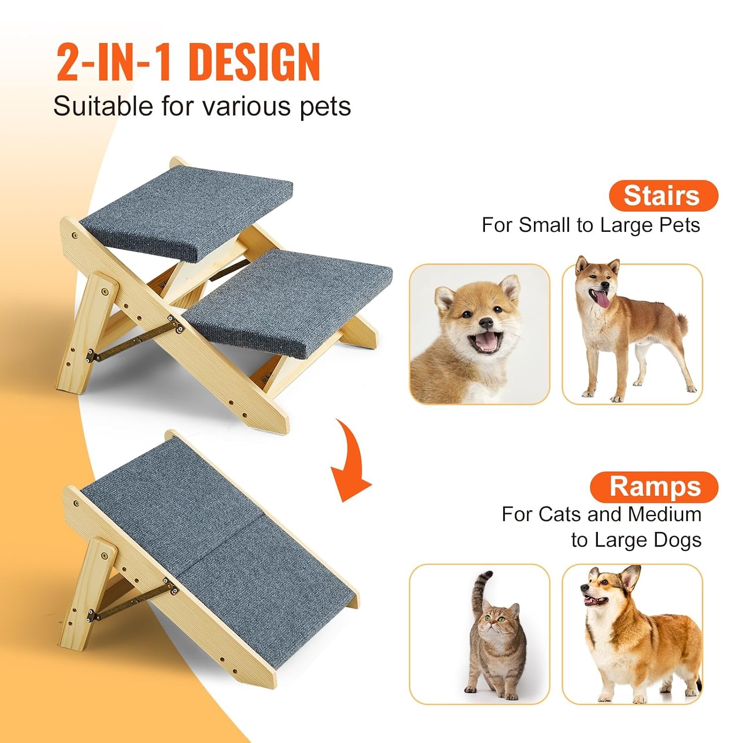 VEVOR Houten trap/huisdiertrap, 2-in-1 opvouwbare houten hondentrap voor bedden, bank en auto, hondentrap en oprit met 2 treden voor kleine, middelgrote en grote huisdieren, tot 49 kg