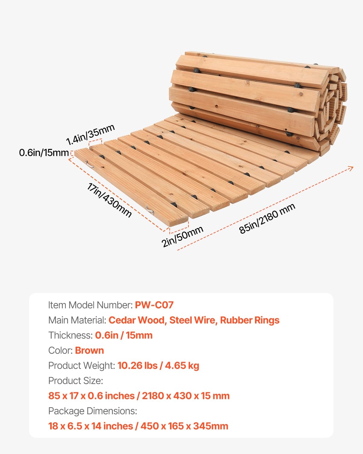 VEVOR Rolbaar Tuinpad van Cederhout - 218 x 43 cm - Bruin