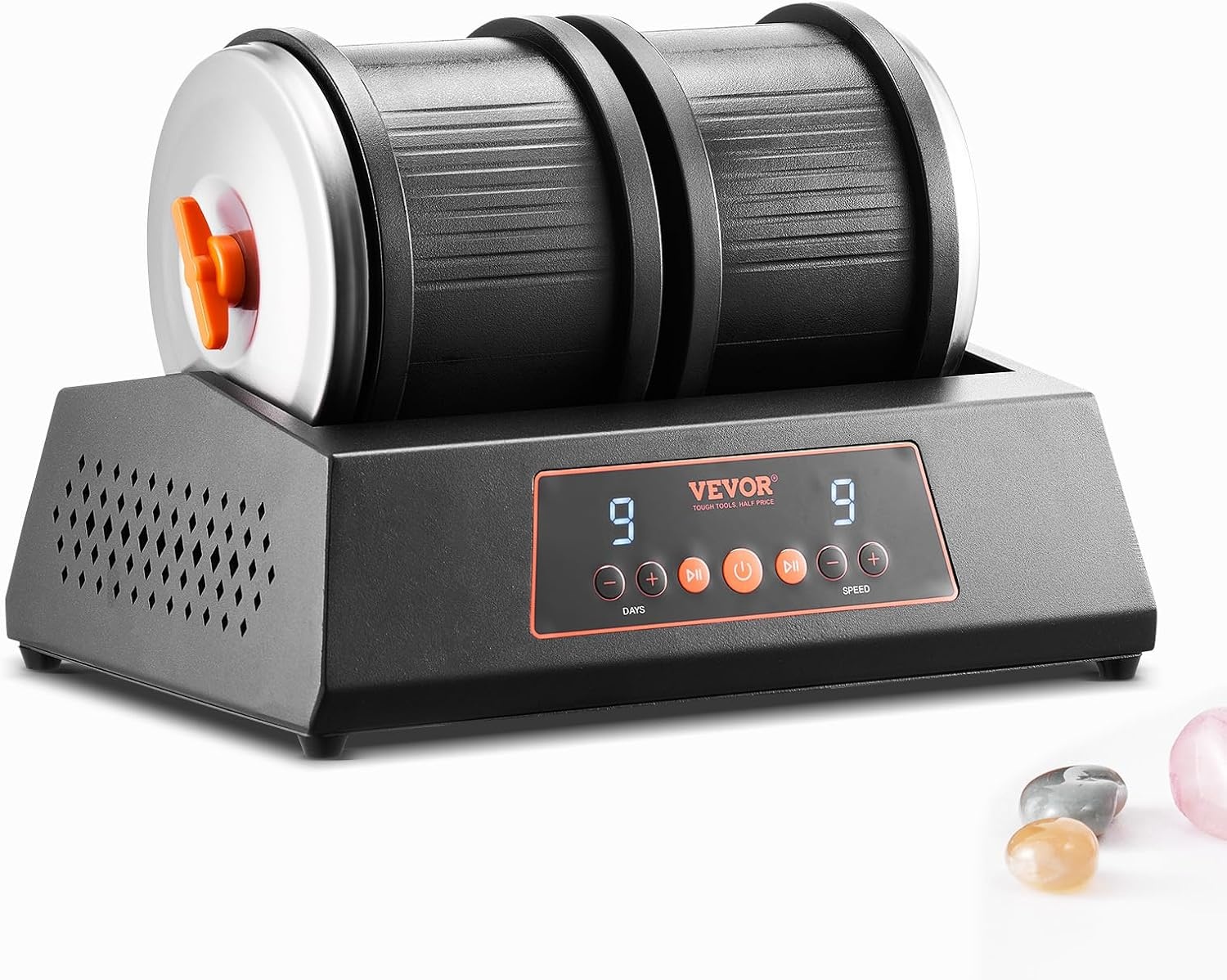 VEVOR Rock Tumbler Machine, 8 lbs Large Capacity Dual Barrels Rock Polishing Machine, 9 Speed Settings 9-Day Polishing Timer Stone Tumbler, Direct Drive Motor, 35dB Silent Rotary Polisher, Black
