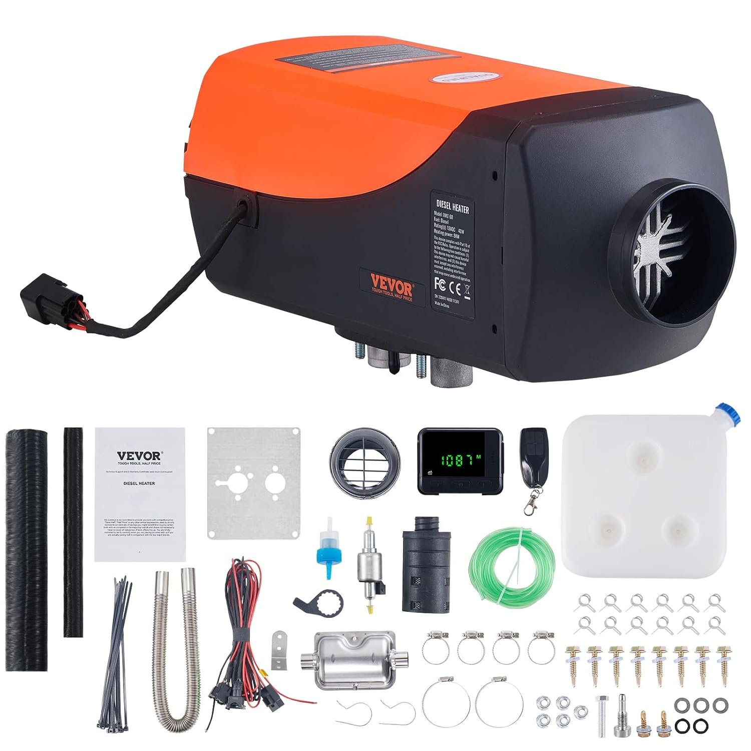 VEVOR Diesel Air Heater, 12 V, 5-8 KW, Consumption 0.16 - 0.62 L/h, Floor Heater 8-36 °C, Adjustable 20-25 m², Intelligent LCD Control, Remote Control, Tank 10 L, for Motorhome,