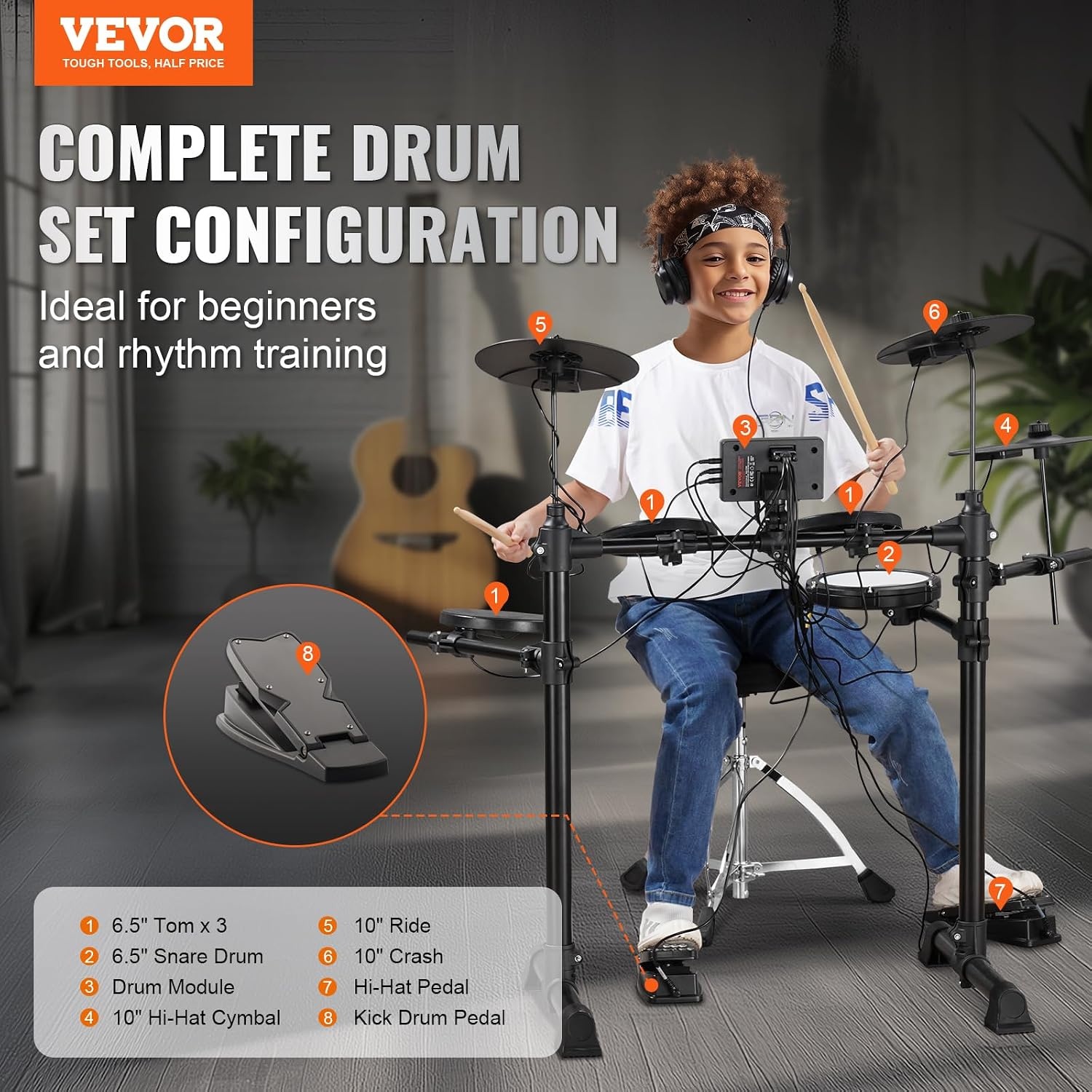 VEVOR Electronic Drum Set, 15 Electronic Drum Set, 150 Sounds, 65.5 mm, USB Midi Support, Cymbal, Bars, Headphones, for Beginners and Adults