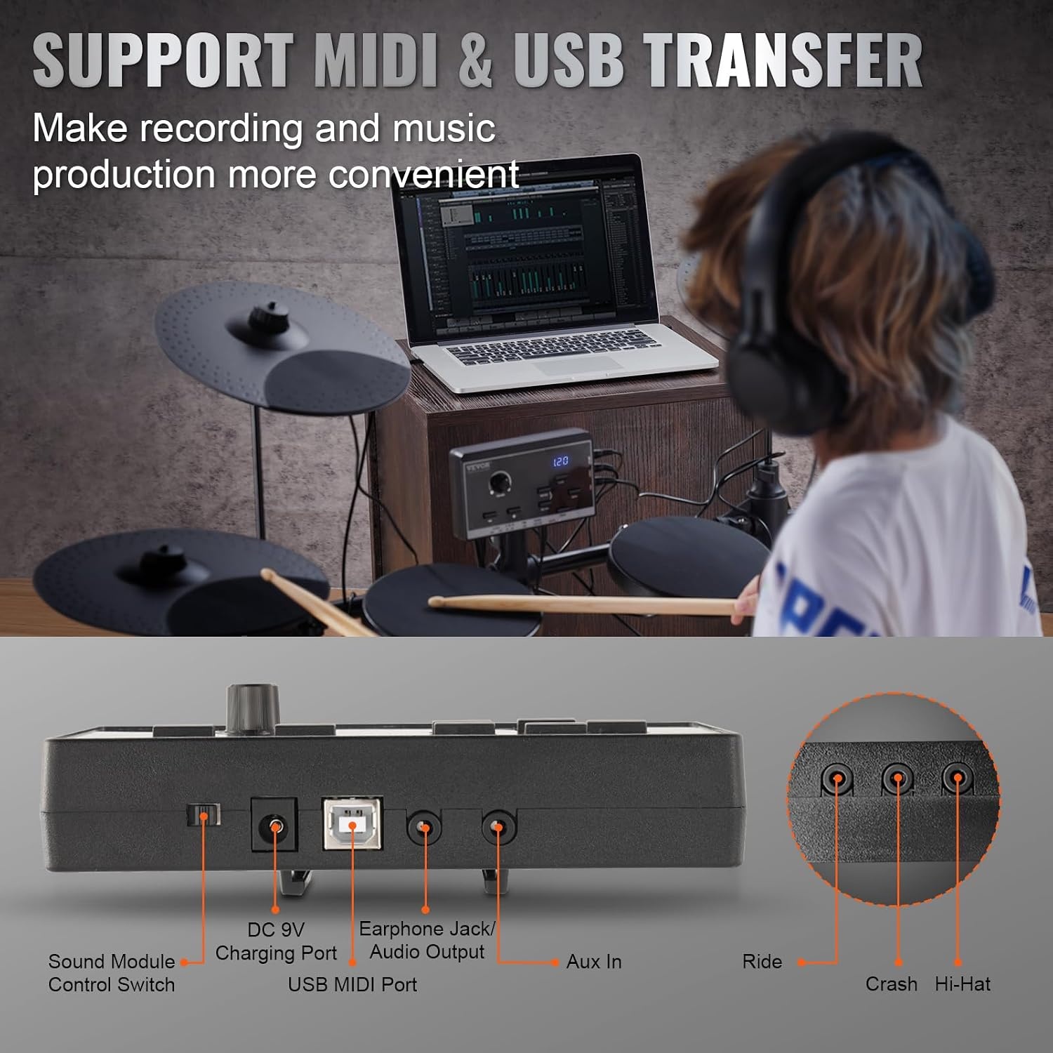 VEVOR Electronic Drum Set, 15 Electronic Drum Set, 150 Sounds, 65.5 mm, USB Midi Support, Cymbal, Bars, Headphones, for Beginners and Adults