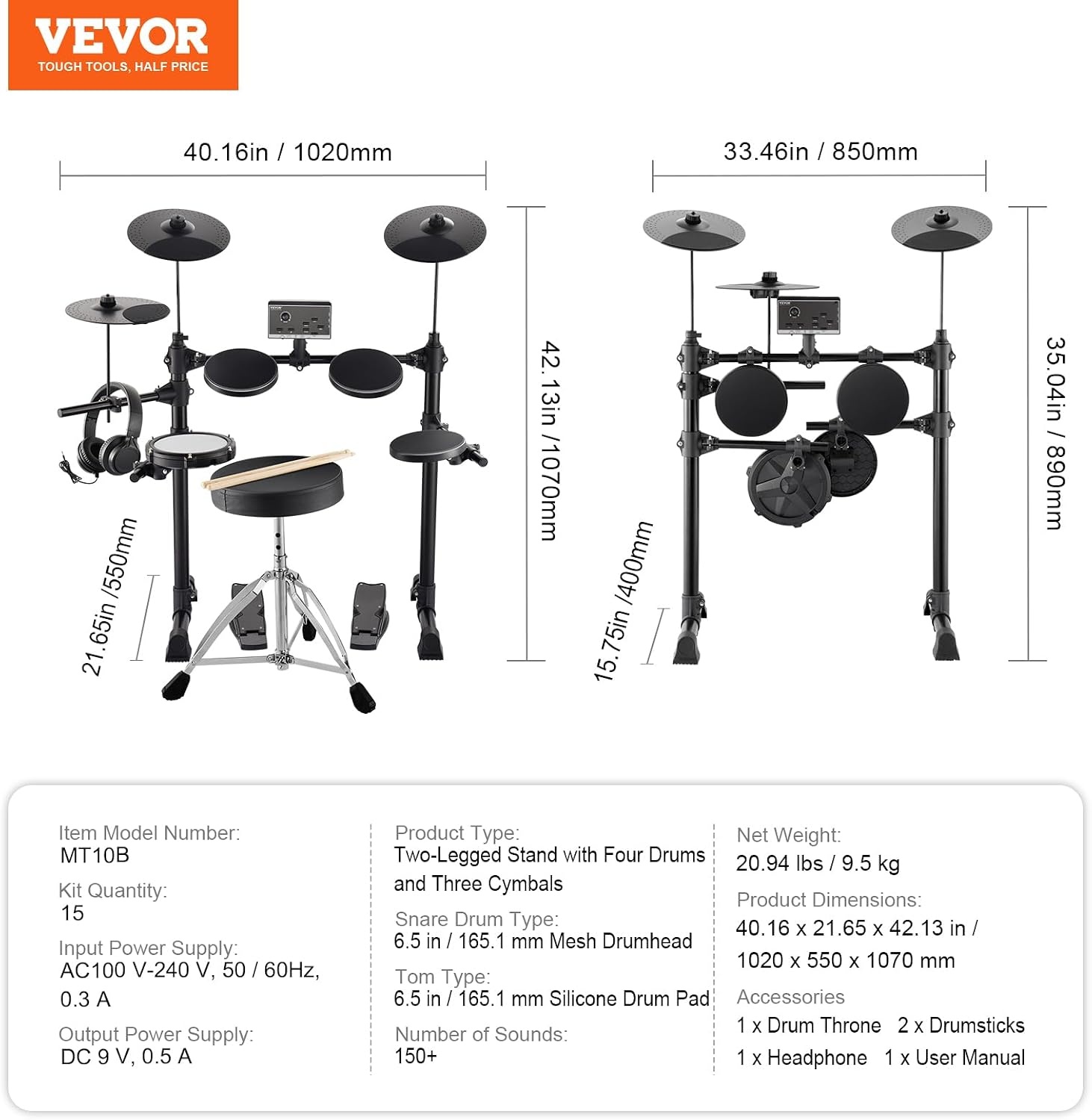 VEVOR Electronic Drum Set, 15 Electronic Drum Set, 150 Sounds, 65.5 mm, USB Midi Support, Cymbal, Bars, Headphones, for Beginners and Adults