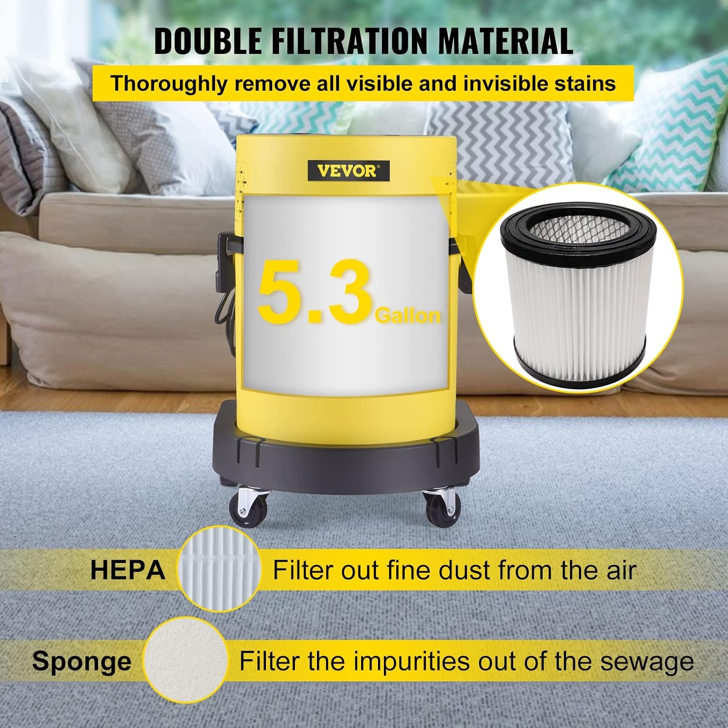 VEVOR Nat Droogstofzuiger 5.3 GaL 20L 4-in-1 1200 W Alleszuiger Gemaakt van Hoogwaardig PP-materiaal met Gebruiksvriendelijke Afstandsbediening en 5 Verschillende Borstels voor Thuis, Binnenplaats