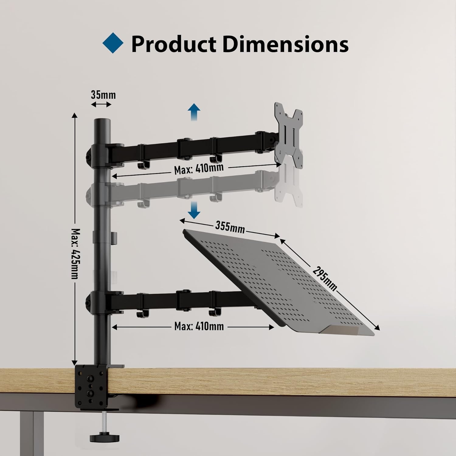 BONTEC Monitor Arm met Laptop Stand voor 13-27'' LCD LED Schermen tot 15.6" Notebook, Kantelbaar, Draaibaar, Ergonomische Tafelstandaard Houder met Klem, VESA 75x75-100x100mm