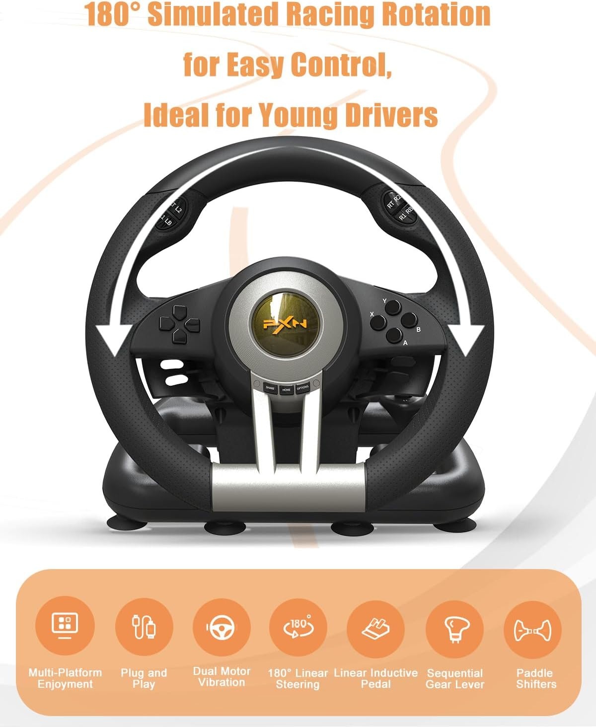 PXN V3 Pro Racing Stuurwiel met Pedalen - 180° Stuurhoek, Vibratie Feedback voor PS4, Xbox One, PC, Switch