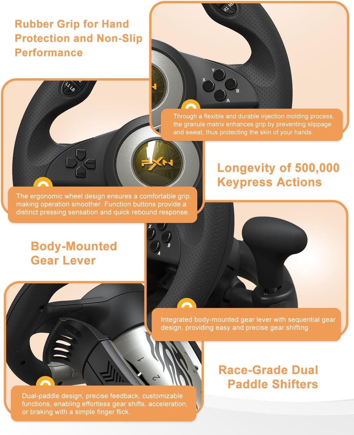PXN V3 Pro Racing Stuurwiel met Pedalen - 180° Stuurhoek, Vibratie Feedback voor PS4, Xbox One, PC, Switch
