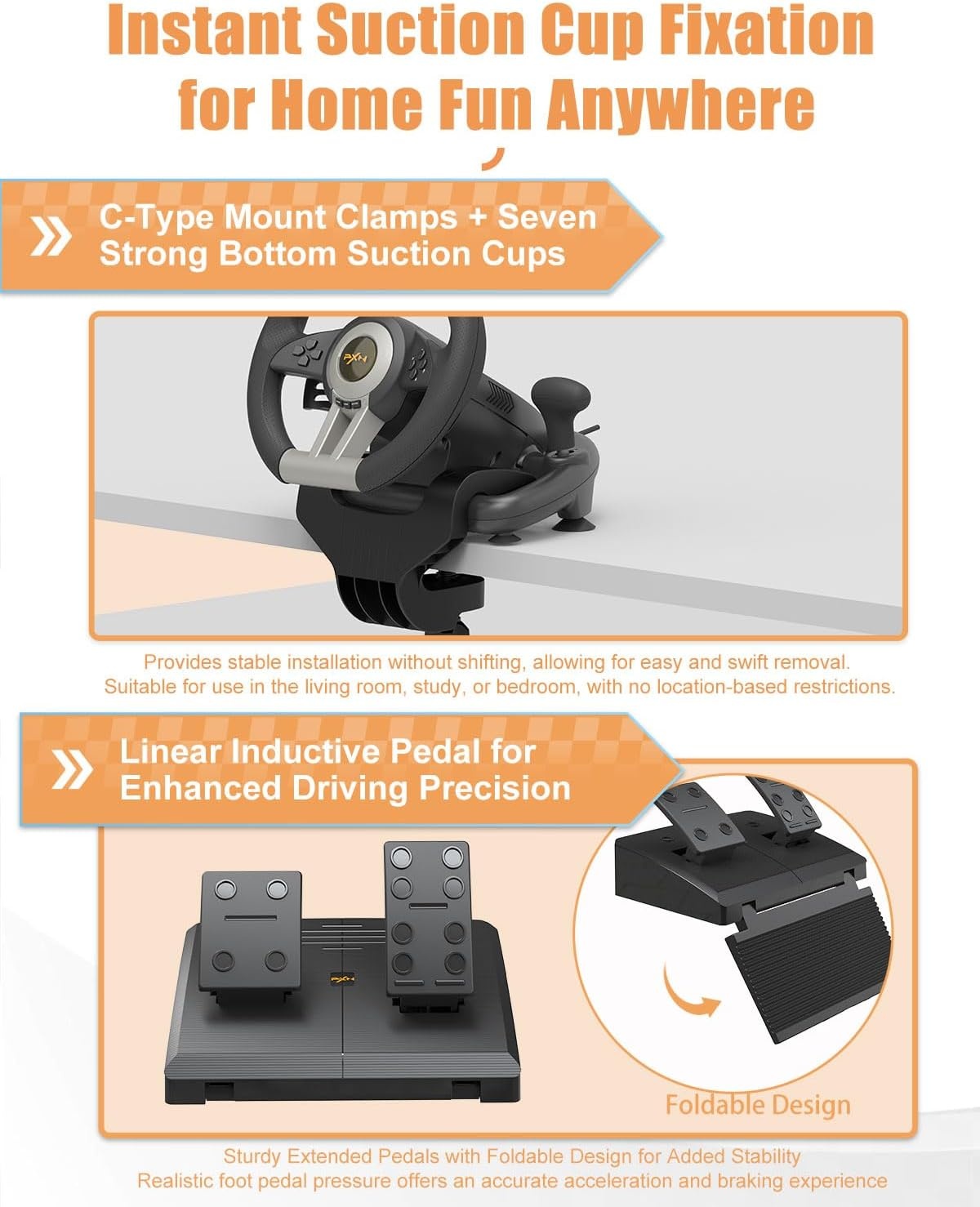 PXN V3 Pro Racing Stuurwiel met Pedalen - 180° Stuurhoek, Vibratie Feedback voor PS4, Xbox One, PC, Switch