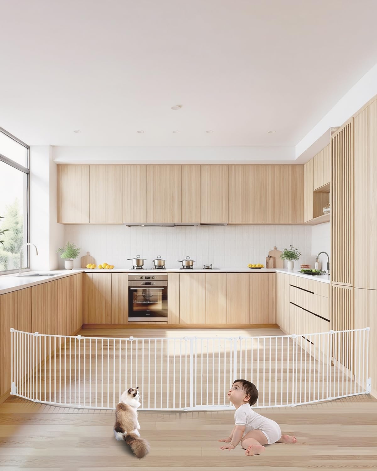 VEVOR Opvouwbare poort met 8 panelen voor kinderen, huisdieren, 711 mm hoog, 487,7 cm breed, kan tussen twee muren als omheining worden geïnstalleerd, wandbekers voor trappen en deuren, wit