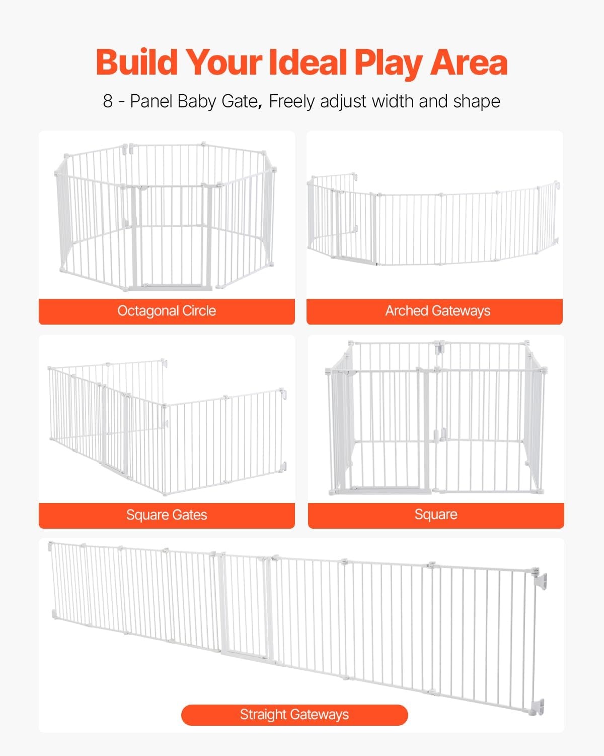 VEVOR Opvouwbare poort met 8 panelen voor kinderen, huisdieren, 711 mm hoog, 487,7 cm breed, kan tussen twee muren als omheining worden geïnstalleerd, wandbekers voor trappen en deuren, wit