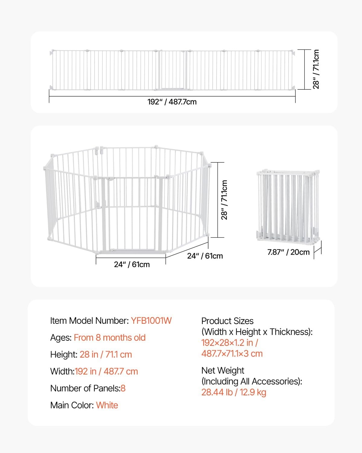 VEVOR Opvouwbare poort met 8 panelen voor kinderen, huisdieren, 711 mm hoog, 487,7 cm breed, kan tussen twee muren als omheining worden geïnstalleerd, wandbekers voor trappen en deuren, wit