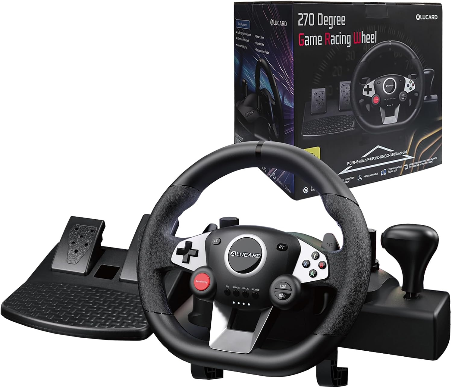 DuLingKer PC Stuur met Pedalen en Versnellingen, 270° Gaming Stuur voor PC/PS4/Switch/PS3/Xbox One/Xbox 360/Android TV, Racestuur met Schakelpeddels, Vibratiefeedback Zwart