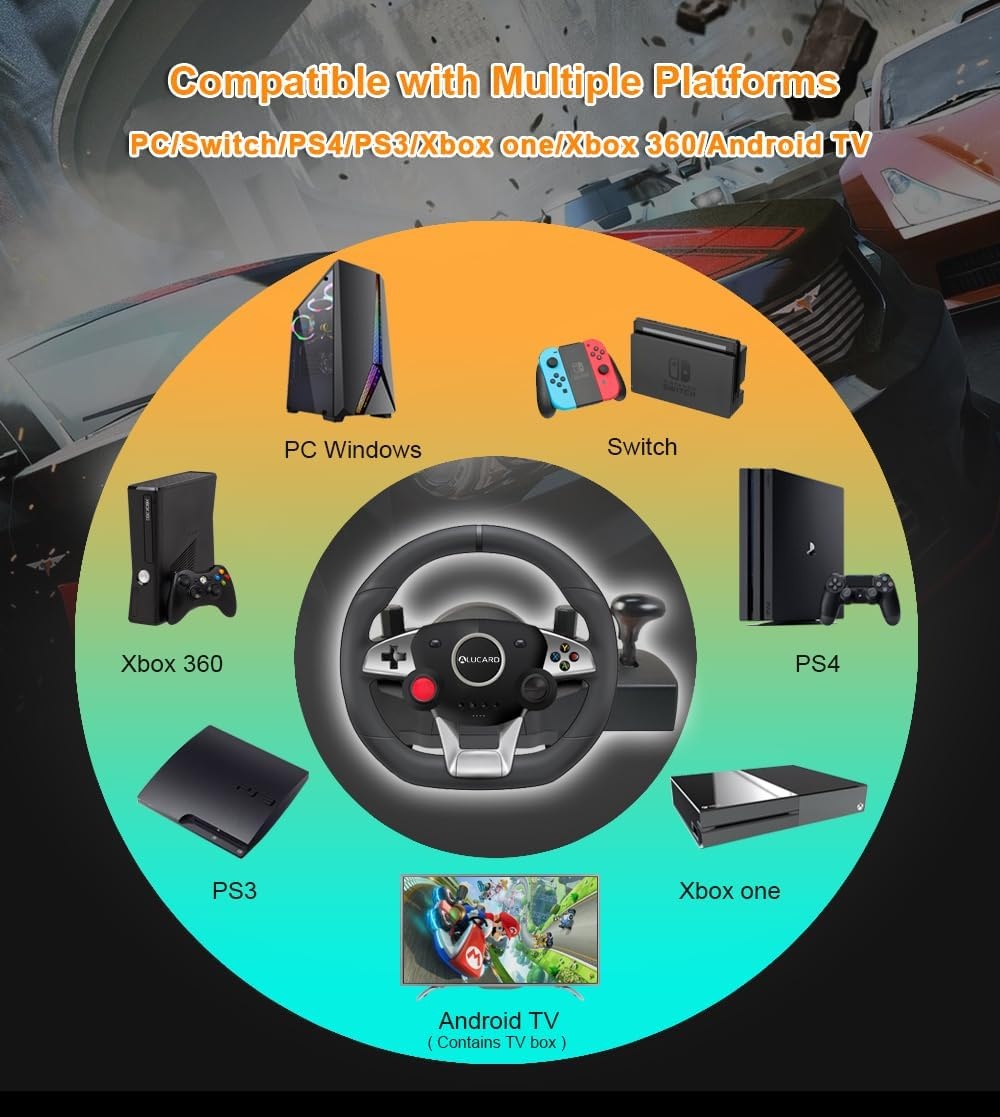 DuLingKer PC Stuur met Pedalen en Versnellingen, 270° Gaming Stuur voor PC/PS4/Switch/PS3/Xbox One/Xbox 360/Android TV, Racestuur met Schakelpeddels, Vibratiefeedback Zwart