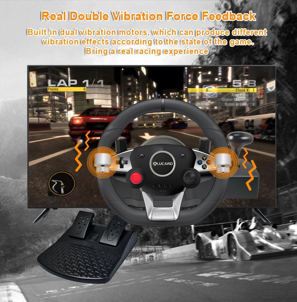 DuLingKer PC Stuur met Pedalen en Versnellingen, 270° Gaming Stuur voor PC/PS4/Switch/PS3/Xbox One/Xbox 360/Android TV, Racestuur met Schakelpeddels, Vibratiefeedback Zwart