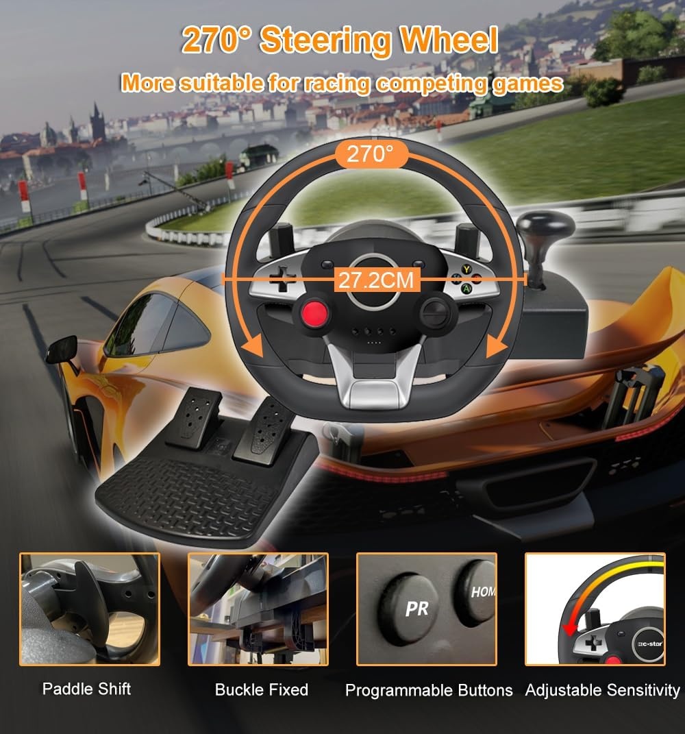 DuLingKer PC Stuur met Pedalen en Versnellingen, 270° Gaming Stuur voor PC/PS4/Switch/PS3/Xbox One/Xbox 360/Android TV, Racestuur met Schakelpeddels, Vibratiefeedback Zwart