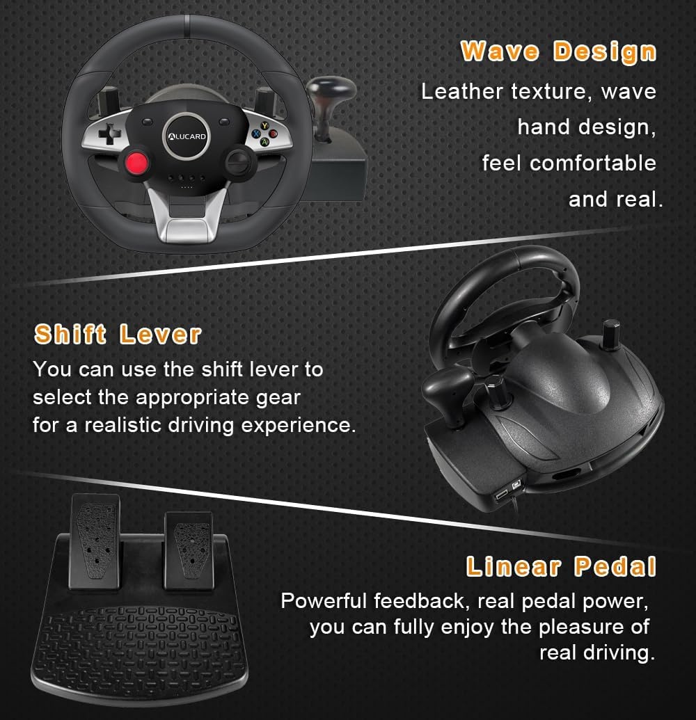 DuLingKer PC Stuur met Pedalen en Versnellingen, 270° Gaming Stuur voor PC/PS4/Switch/PS3/Xbox One/Xbox 360/Android TV, Racestuur met Schakelpeddels, Vibratiefeedback Zwart