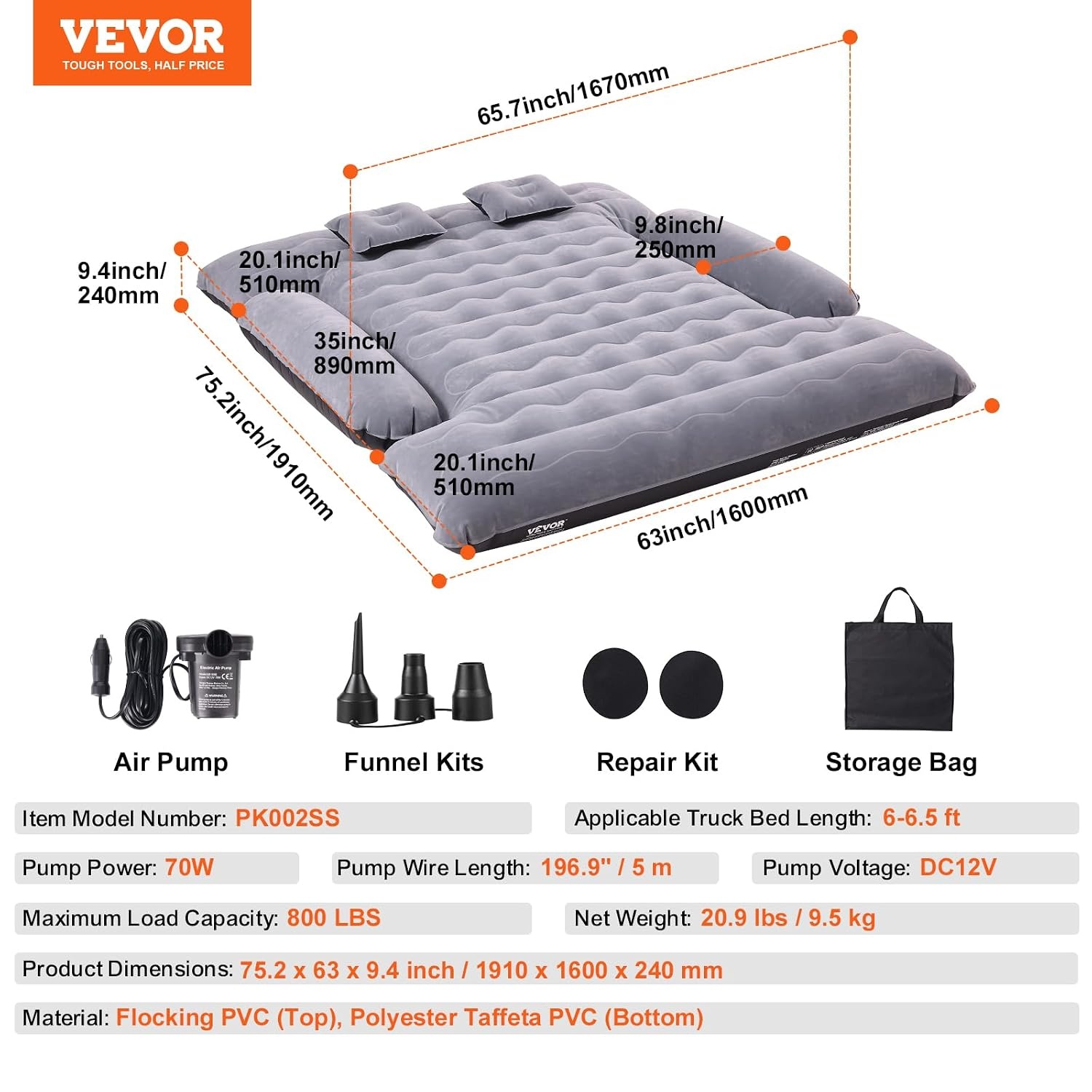 Luchtbed voor Trucklaadbak & Camping - Zwart - 183-198 cm - 34% Korting