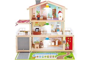 Houten Poppenhuis 10 Kamers | Incl. 4 Poppen, Lampen & Deurbel - 30% Korting!
