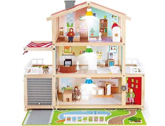 Houten Poppenhuis 10 Kamers | Incl. 4 Poppen, Lampen & Deurbel - 30% Korting!