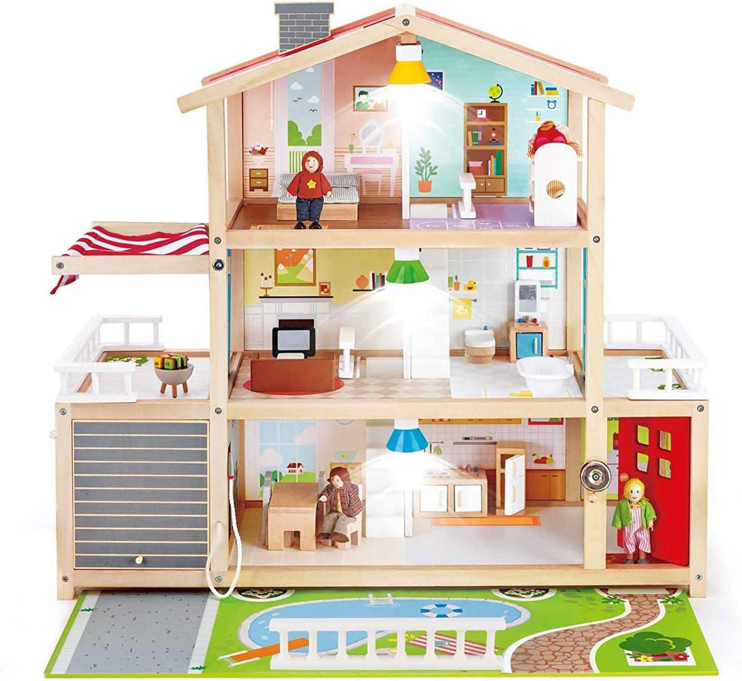 Houten Poppenhuis 10 Kamers | Incl. 4 Poppen, Lampen & Deurbel - 30% Korting!