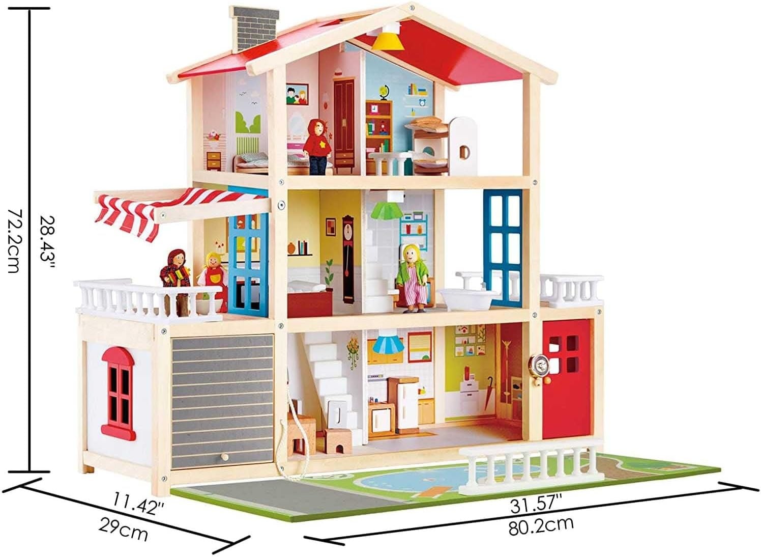 Houten Poppenhuis 10 Kamers | Incl. 4 Poppen, Lampen & Deurbel - 30% Korting!