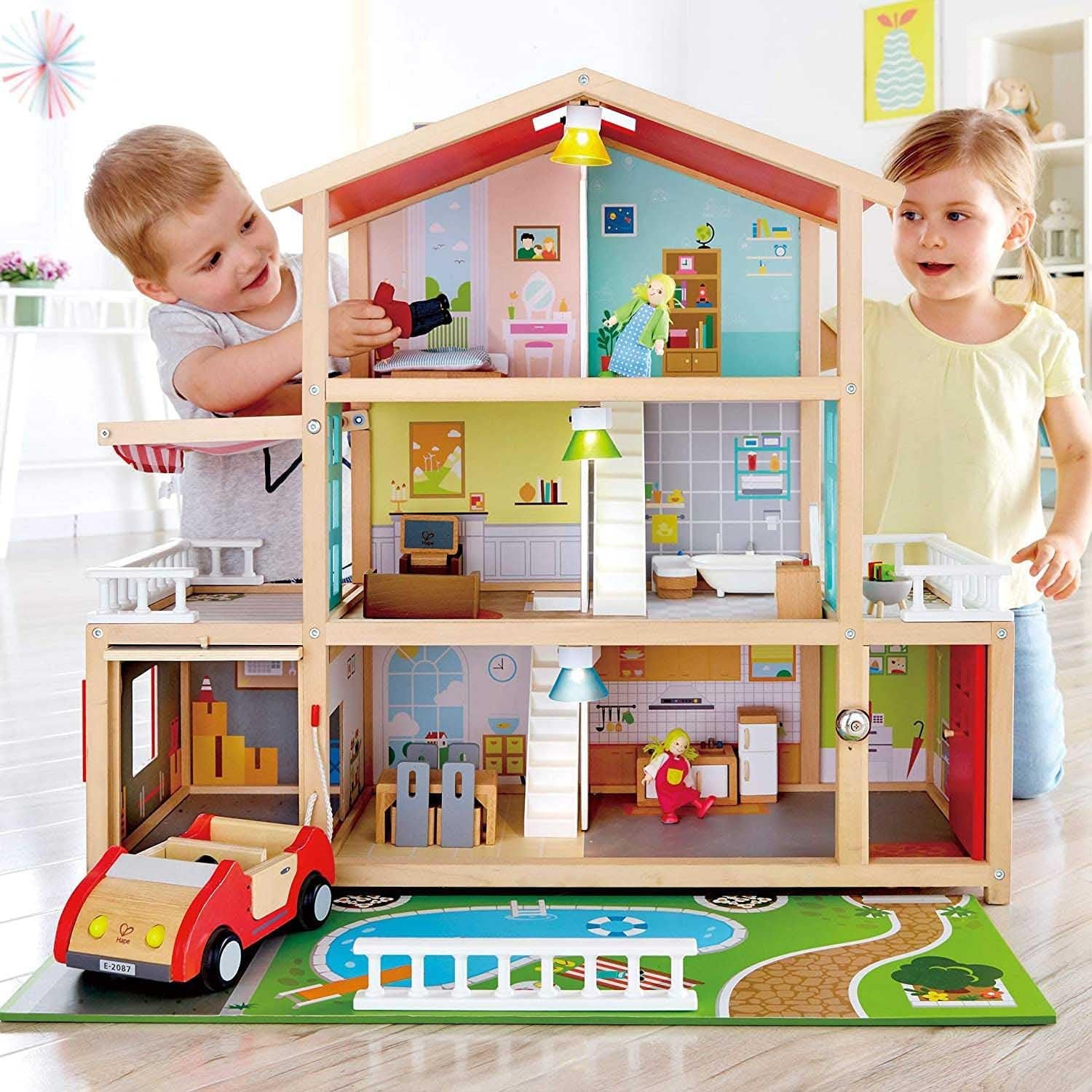 Houten Poppenhuis 10 Kamers | Incl. 4 Poppen, Lampen & Deurbel - 30% Korting!