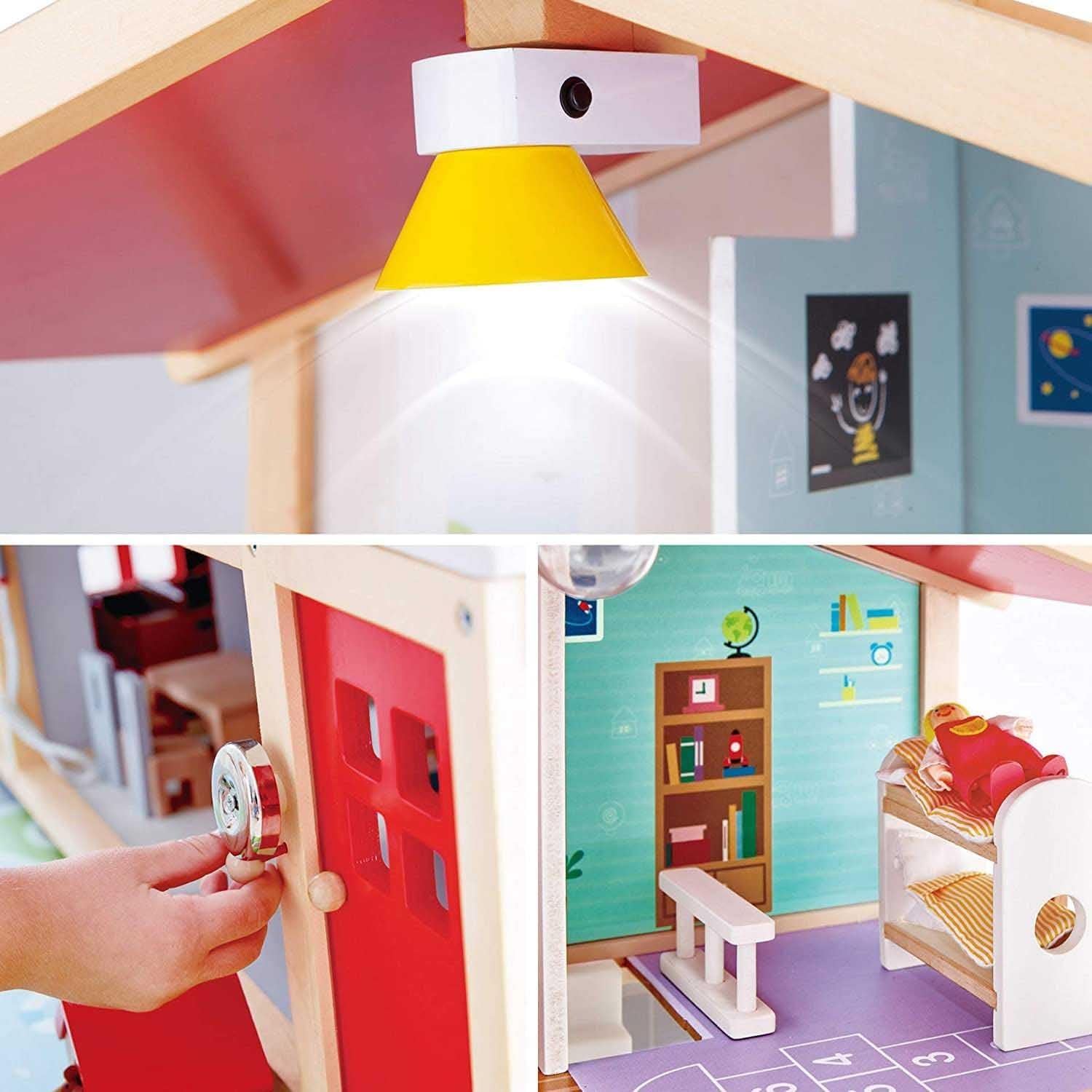Houten Poppenhuis 10 Kamers | Incl. 4 Poppen, Lampen & Deurbel - 30% Korting!