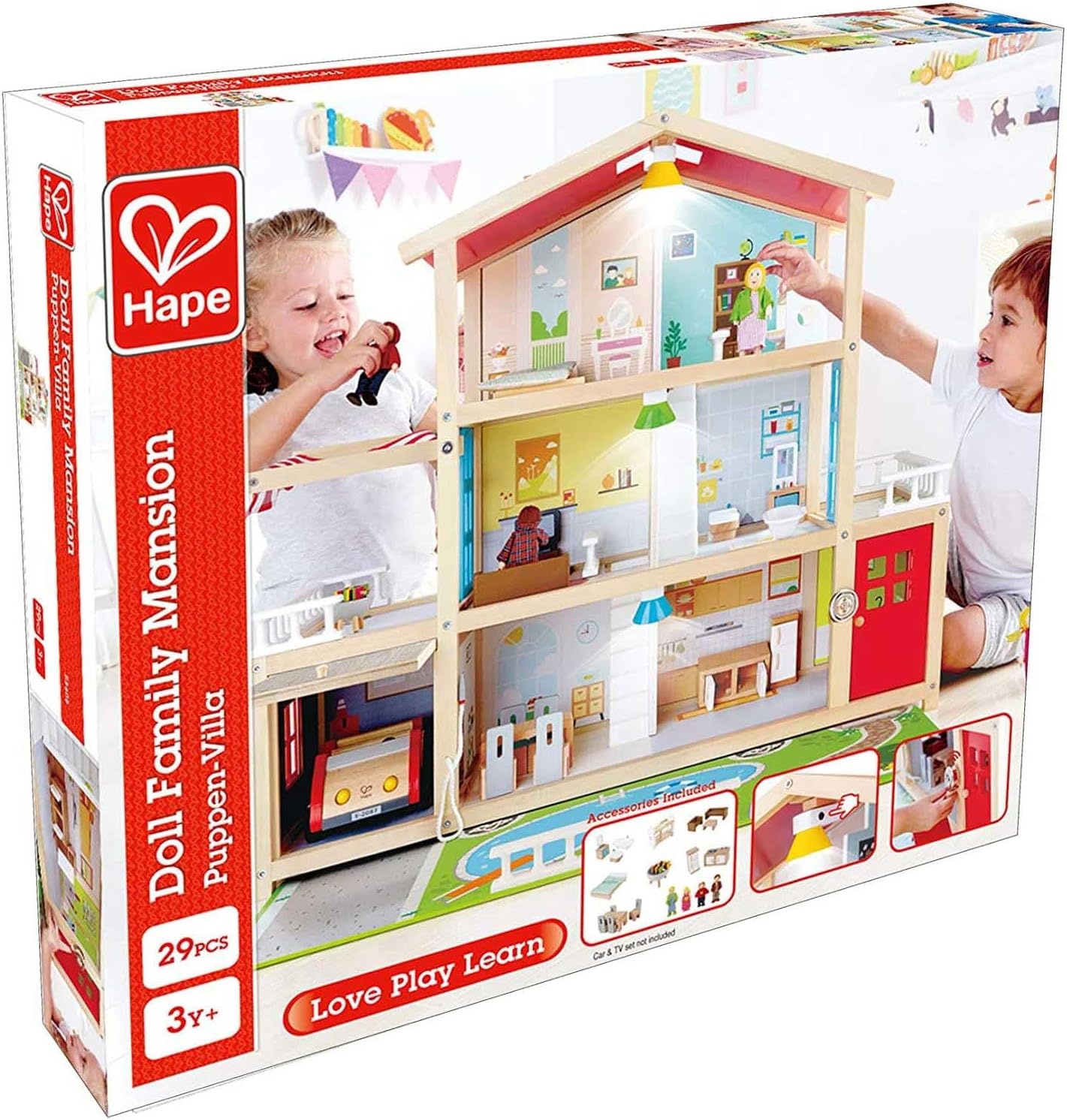 Houten Poppenhuis 10 Kamers | Incl. 4 Poppen, Lampen & Deurbel - 30% Korting!