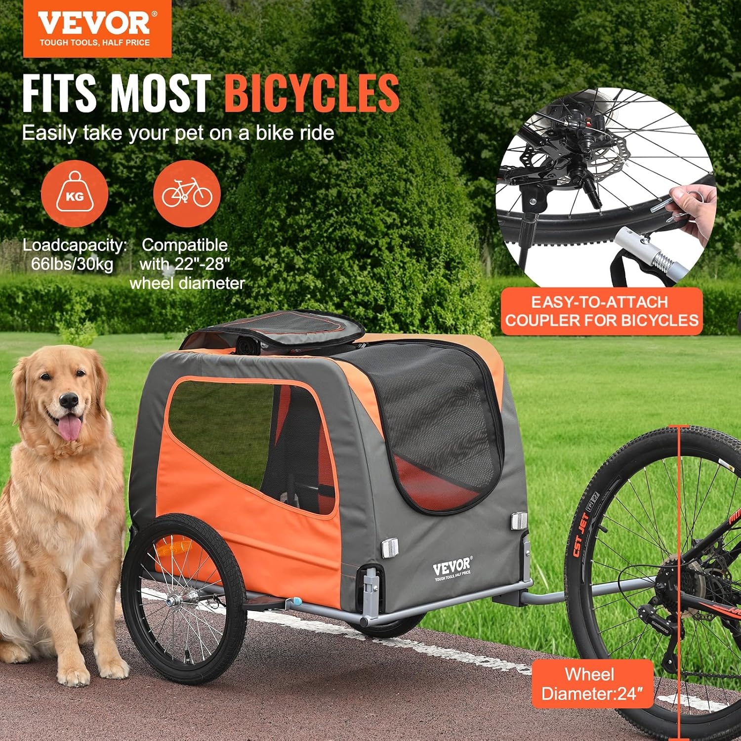 2-in-1 Fietskar & Hondenbuggy - Inklapbaar, 30kg, Oranje/Grijs