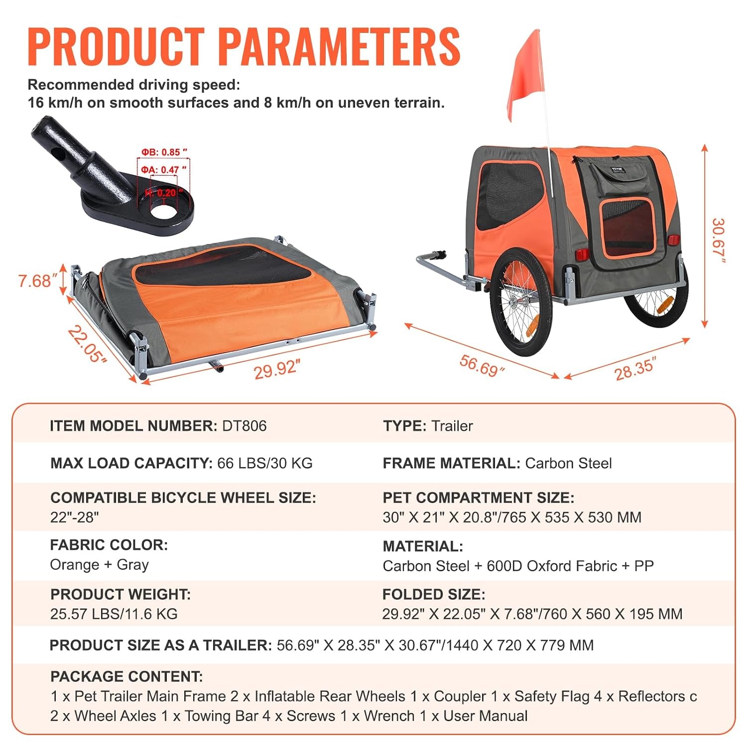 2-in-1 Fietskar & Hondenbuggy - Inklapbaar, 30kg, Oranje/Grijs