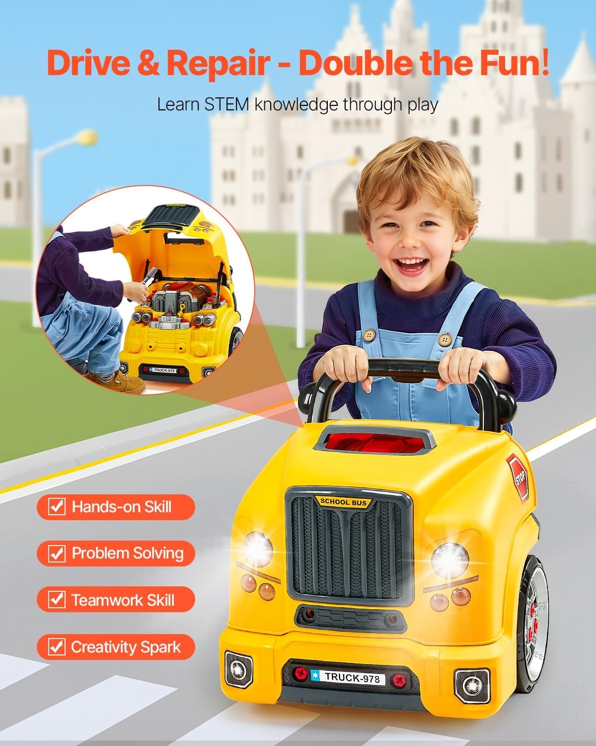 Kinderspeelgoed Vrachtwagenmotor Reparatie Set 60 Delig - Geel