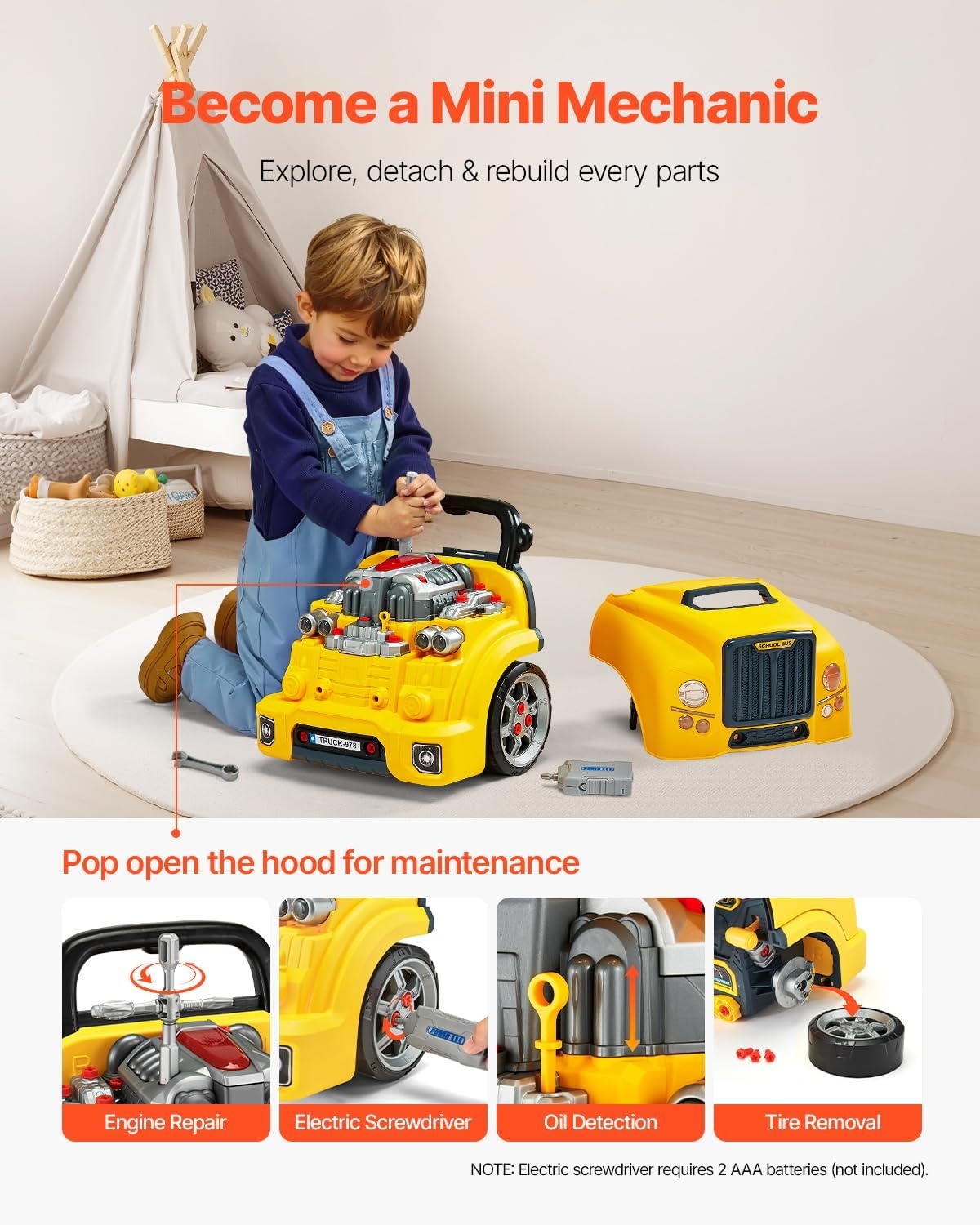 Kinderspeelgoed Vrachtwagenmotor Reparatie Set 60 Delig - Geel