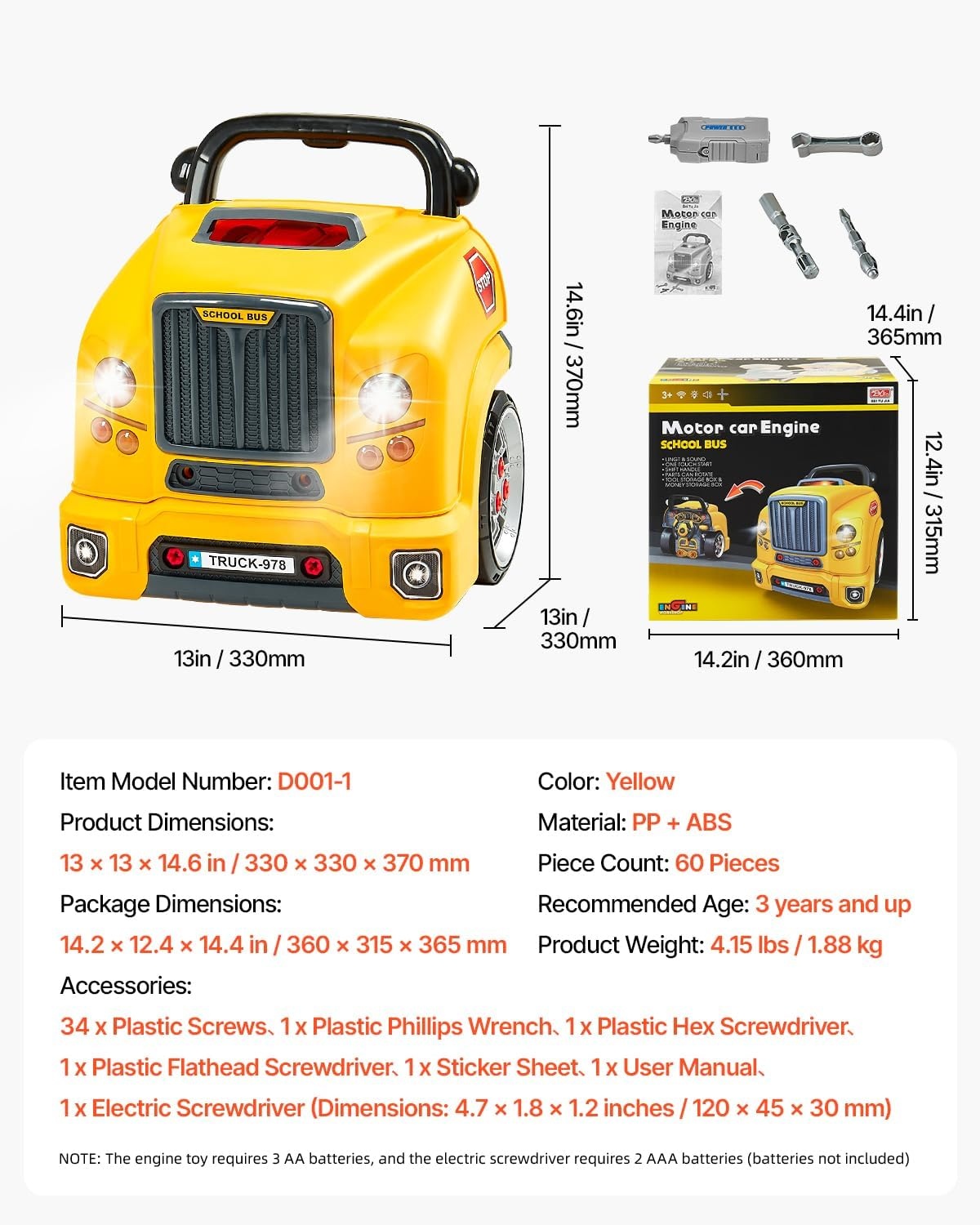 Kinderspeelgoed Vrachtwagenmotor Reparatie Set 60 Delig - Geel