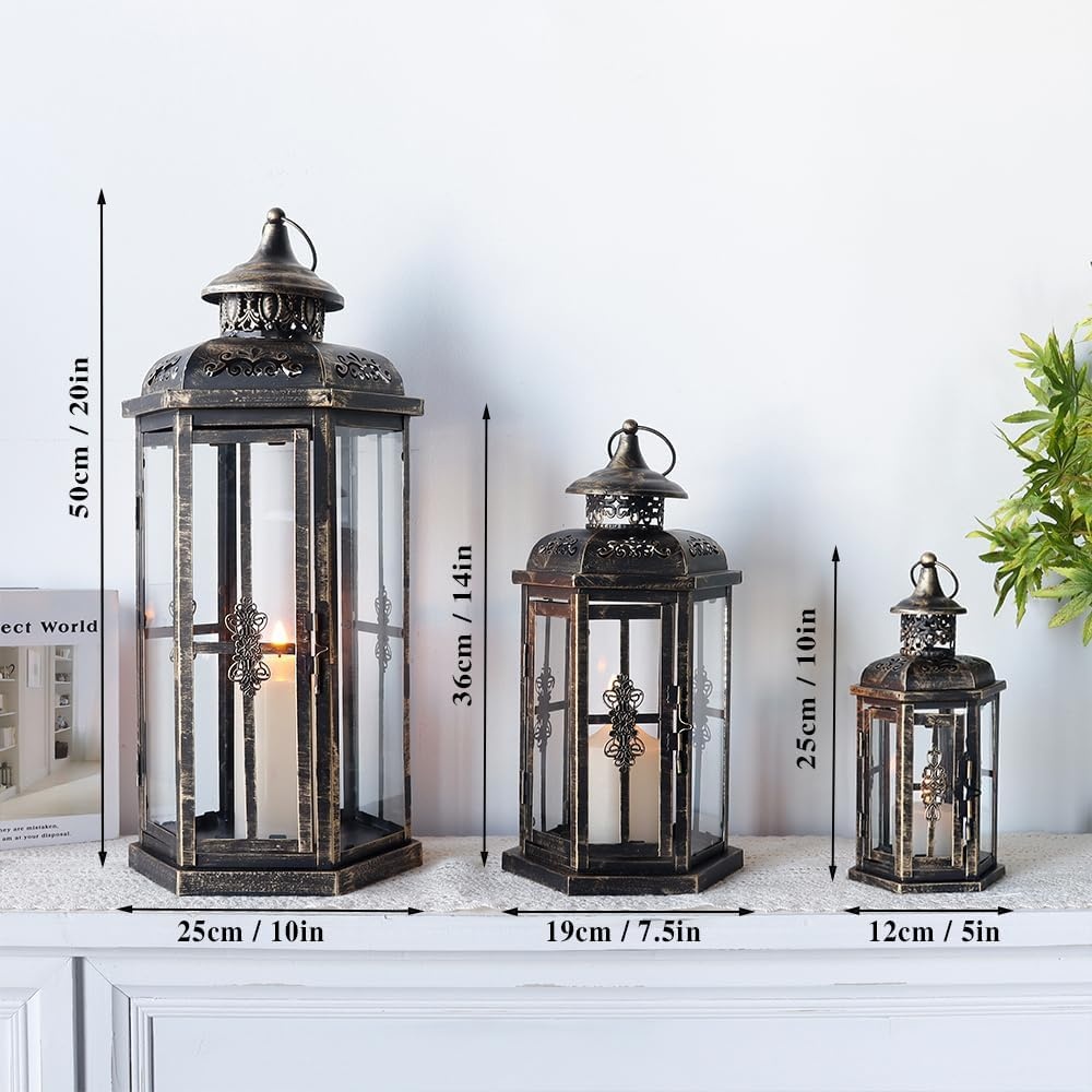 Decoratieve Kaarsenlantaarns Set van 3 - Metaal & Glas - Zwart met Goud - 30% Korting