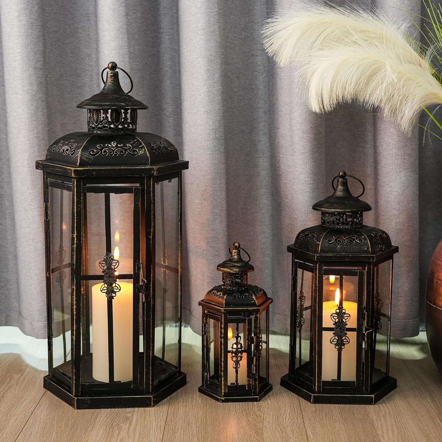 Decoratieve Kaarsenlantaarns Set van 3 - Metaal & Glas - Zwart met Goud - 30% Korting