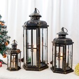 Decoratieve Kaarsenlantaarns Set van 3 - Metaal & Glas - Zwart met Goud - 30% Korting