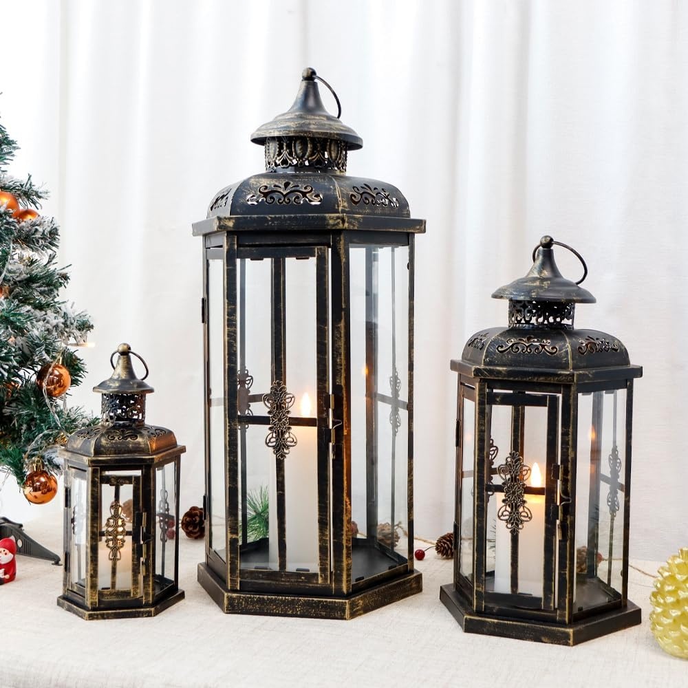 Decoratieve Kaarsenlantaarns Set van 3 - Metaal & Glas - Zwart met Goud - 30% Korting