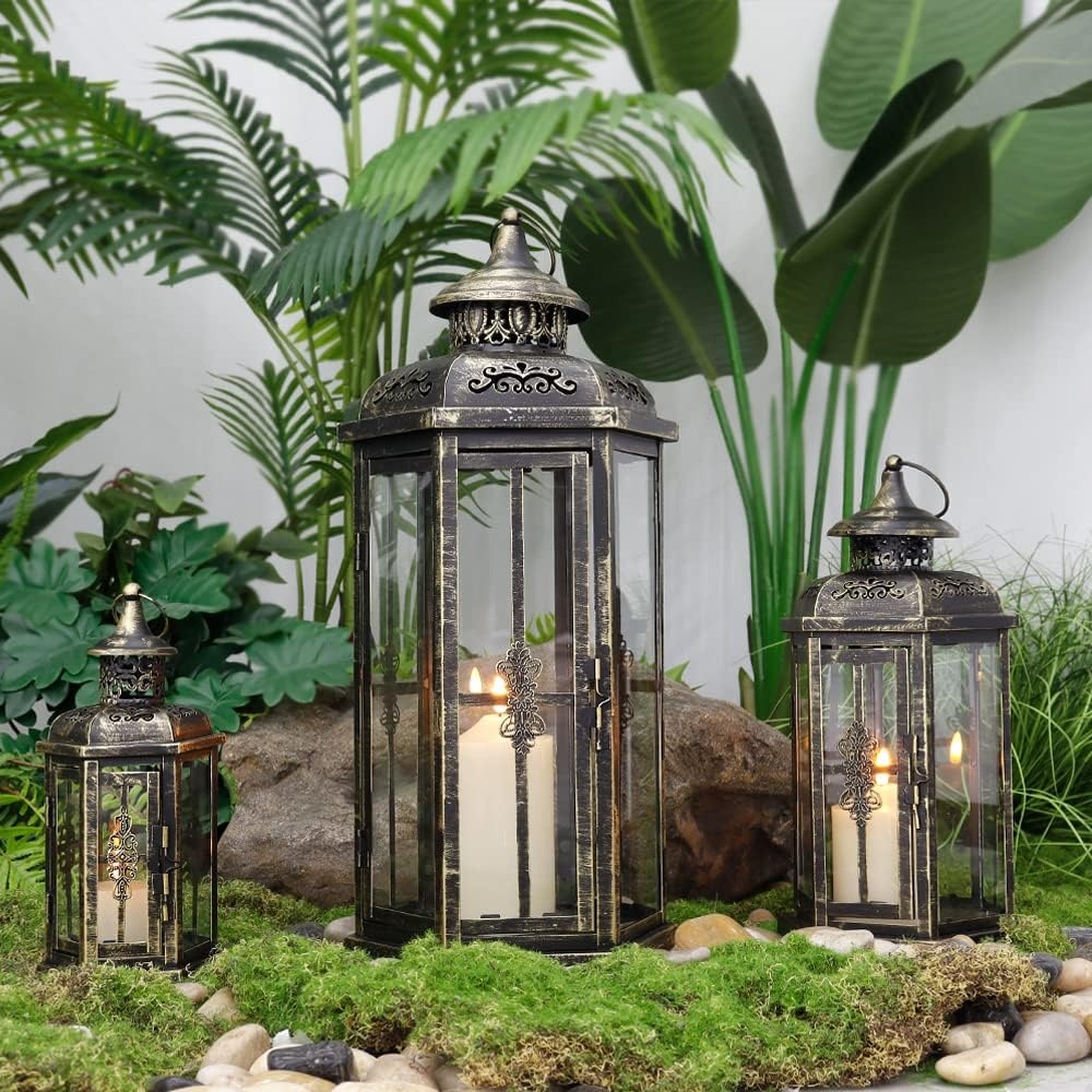 Decoratieve Kaarsenlantaarns Set van 3 - Metaal & Glas - Zwart met Goud - 30% Korting