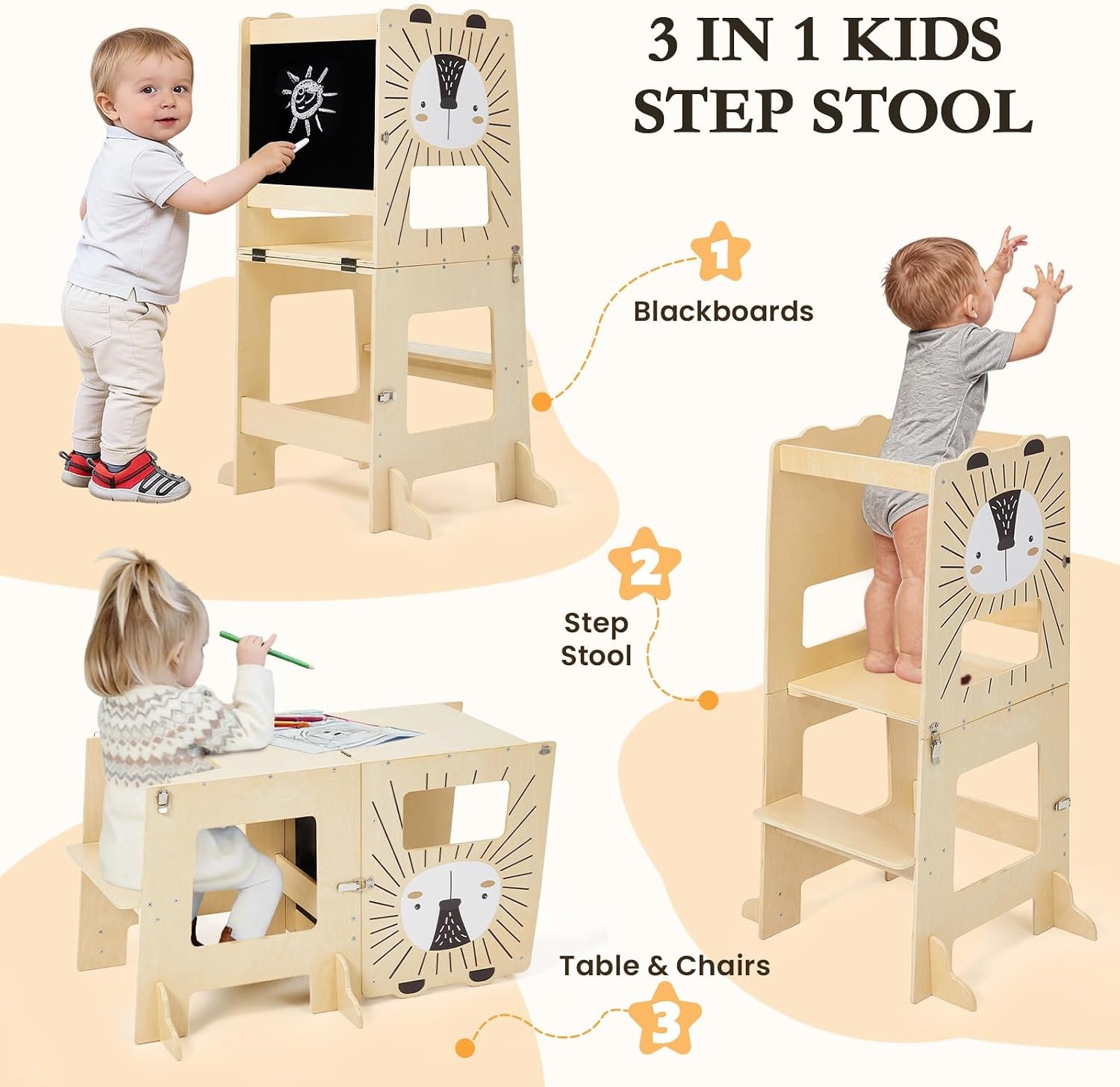 Opvouwbare Montessori Leertoren Leeuw met Tekenbord | Kindertafel