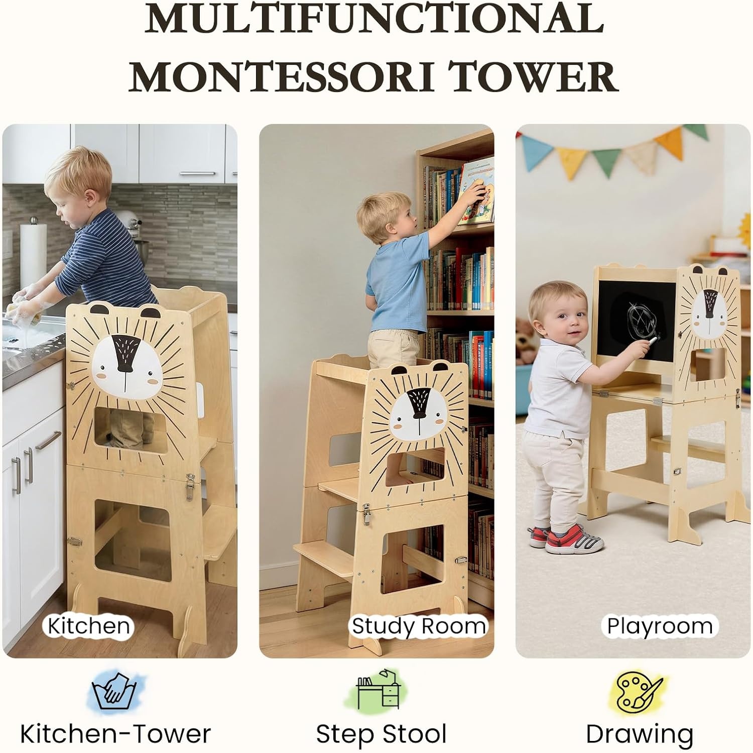 Opvouwbare Montessori Leertoren Leeuw met Tekenbord | Kindertafel