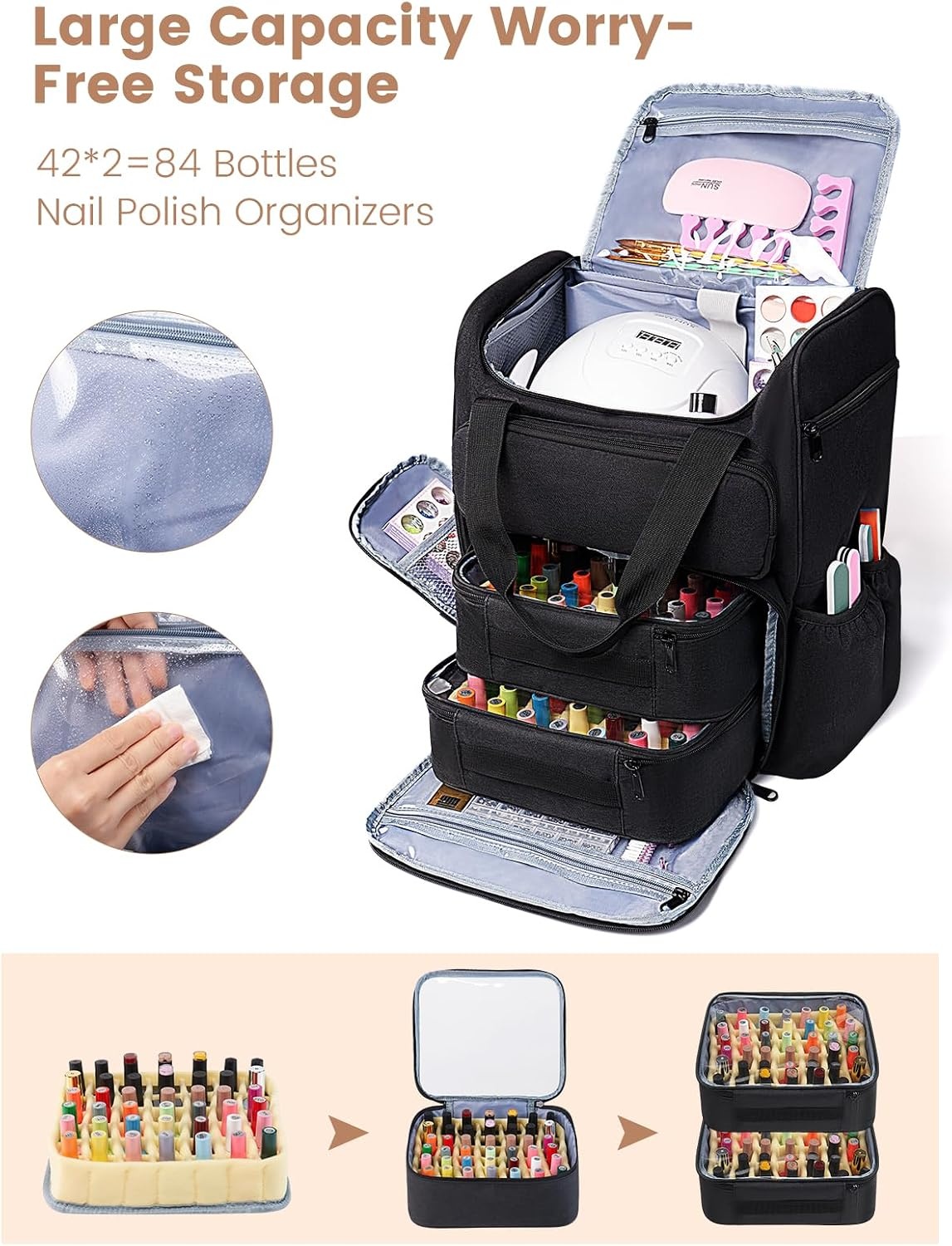 Nagellak Rugzak Organizer Zwart (84 Flesjes) & UV-lamp | Manicure Opbergtas