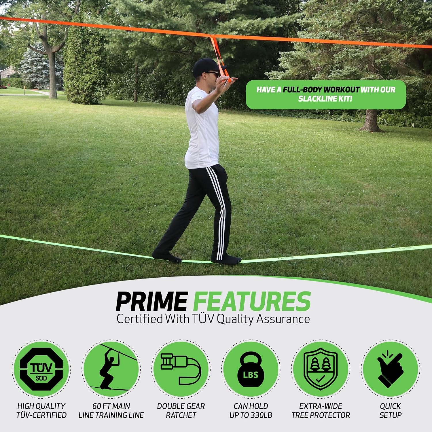 Slackline Set Groen | Trainingslijn & Dubbele Ratels | 29% Korting