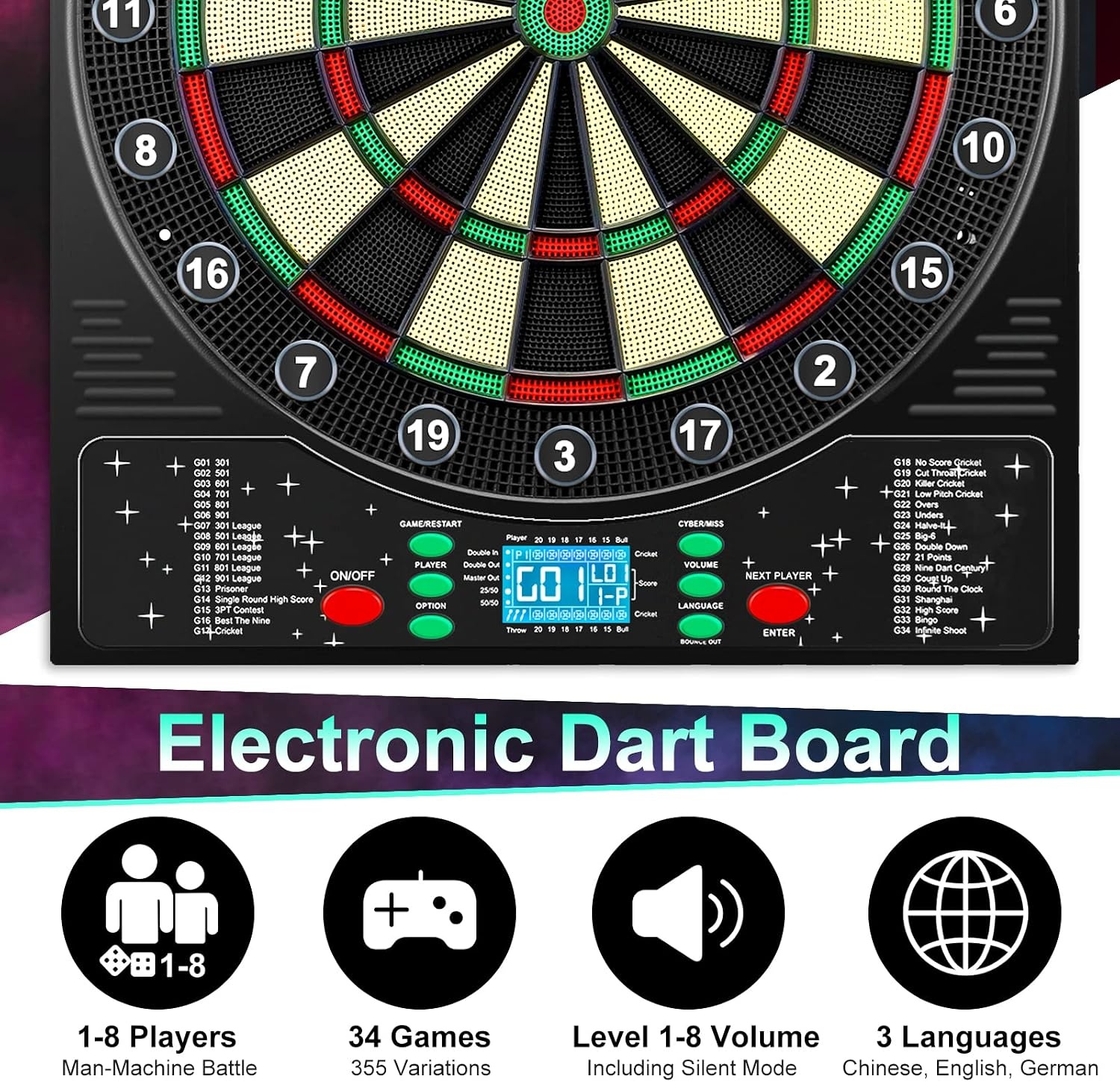 Elektronisch Dartbord 46x52 cm | 34 Spellen | Tot 8 Spelers | 60% Korting