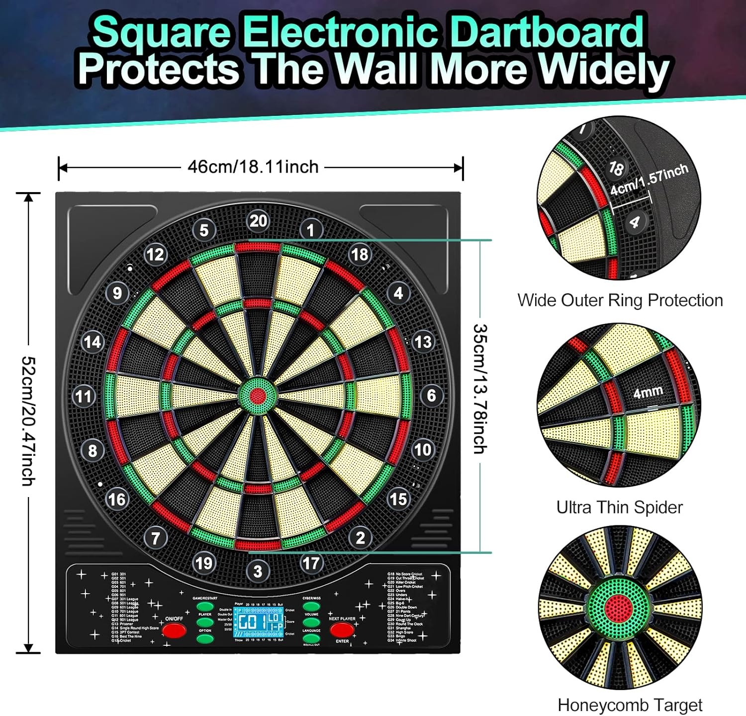 Elektronisch Dartbord 46x52 cm | 34 Spellen | Tot 8 Spelers | 60% Korting