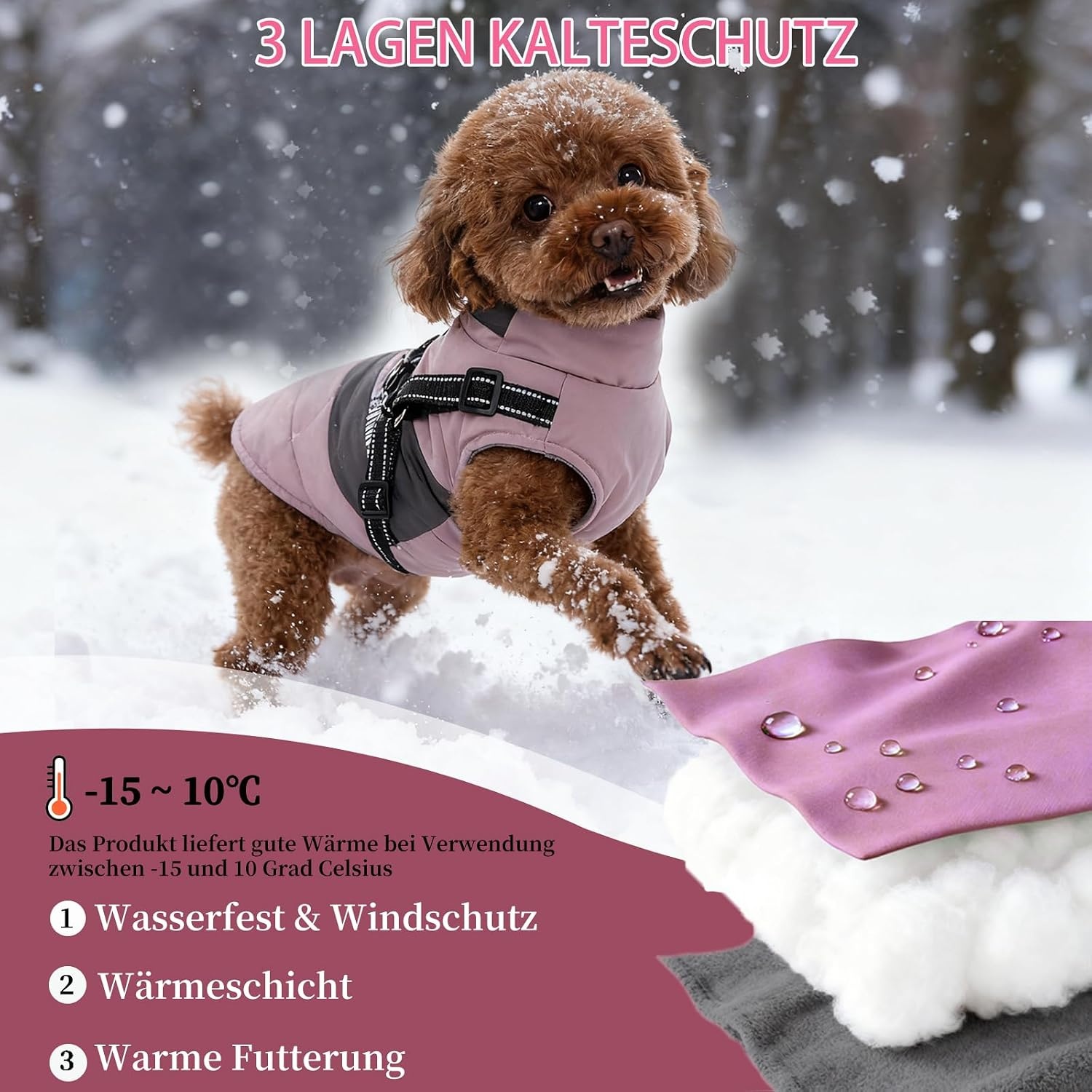 Hondenwinterjas Roze Maat M - 2-in-1 met Harnas | 32% Korting