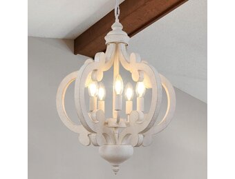 Witte Houten Kroonluchter (5 Lichten) - 30% Korting