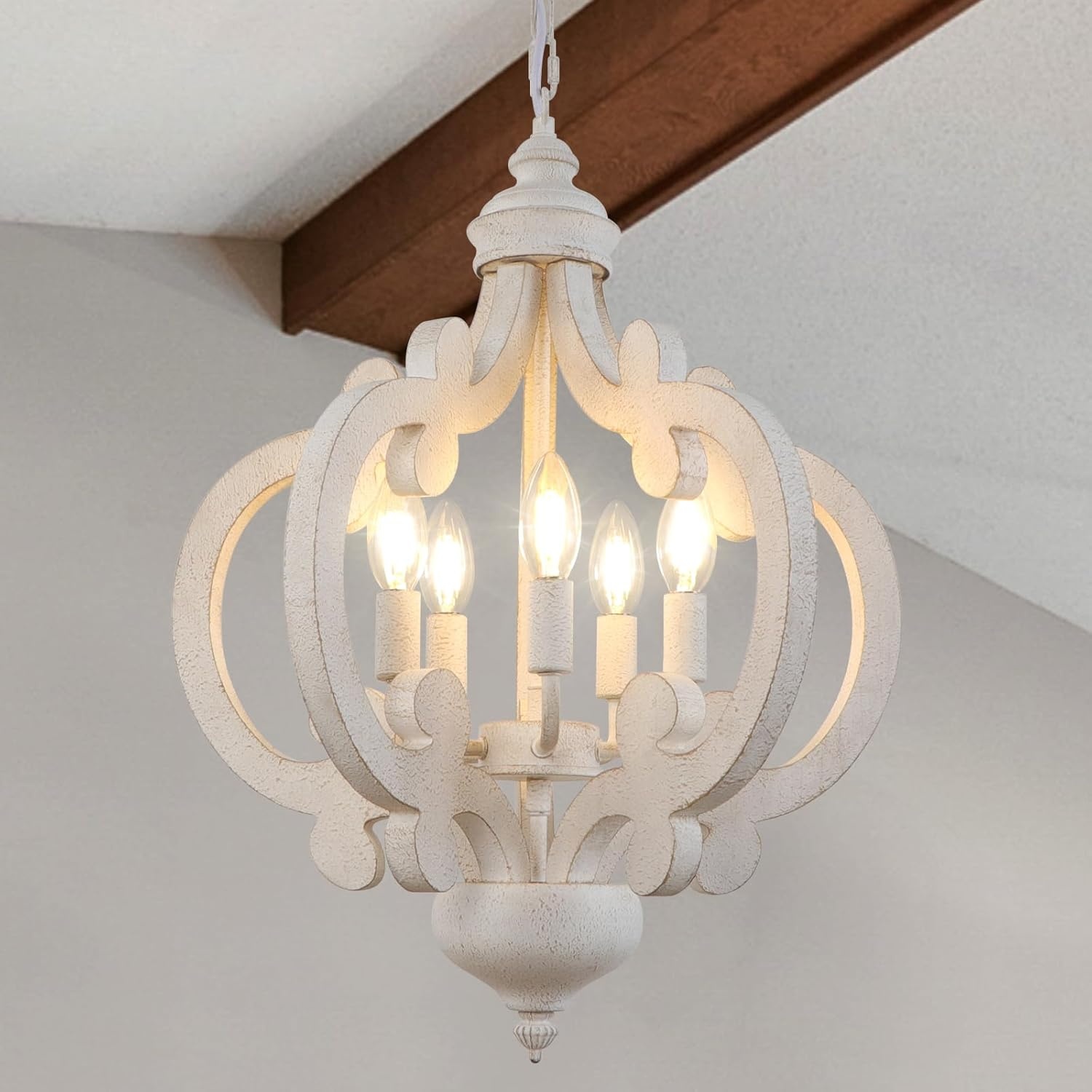 Witte Houten Kroonluchter (5 Lichten) - 30% Korting